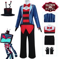 Hazbin Cosplay Hotel Vox Cosplay Costume Uniform Hat Coat Pants Gloves Men Halloween Carnival Blue Red Suit Role Cosplay