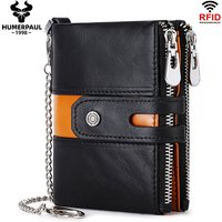 HUMERPAUL Genuine Leather Men's Wallet Fashion Quality Travel Purse Rfid Protect Credit Card Holder Wollst for Men with Chain