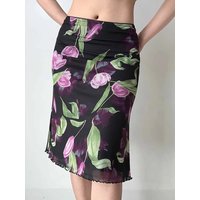 Vintage Floral Mesh Skirt Women High Waist Streetwear Slim Midi Mermaid Skirts Spring Summer American Retro Sexy Harajuku Skirts
