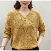 New Knitted Sweater Women's Casual Loose Hollow V-neck Sweater, Thin Belly Cover Foreign Style Fashion Mother Outfit