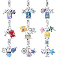 925 Sterling Silver Ocean Leisure Vacation Travel Suitcase Airplane Charms Bead For Women Fit Original Bracelet DIY Jewelry Gift