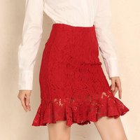 Office Lace Skirt Women Sexy High Waist Pencil Skirt One Step Formal Ruffle