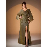 Mgiacy, a high-end evening dress for plate-sized ladies with a wavy collar, lapel, two-color fabric, flared sleeves, front and b