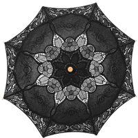 Embroidery Floral Wedding Lace Umbrella Hollowed Wooden Handle Prop Umbrella Cotton Black Parasol Umbrella Women