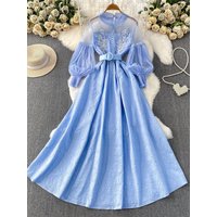 Noble Stunning Elegant Beaded Mesh Patchwork Lantern Sleeve Dress Women Spring Autumn Embossed Waist Cinch A Line Gown Dress