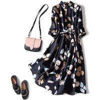 2023 Summer Fashionable Commuting Minimalist Retro Style Lapel Print Tie Up Waist Covering Flesh Slimming Women's Oversize Dress