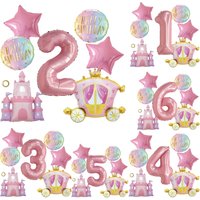 8pcs Pink Princess Castle Carriage Balloon 32inch Pink Digital Balloons Happy Birthday Balls and Pentagram Birthday Party Decor