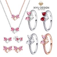 925 Sterling Silver Jewelry Set Pink Bow Earring Ring and Necklace Earrings for Women Jewelry Gift Fashion Light Luxury Making