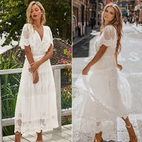 Sexy V-Neck Hollow Out Dresses for Women White Lace Short Sleeve Woman Dress Summer Casual Party Maxi Dress Vestido De Mujer