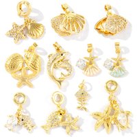 2 Pcs Ocean Jewelry Charms Enamel Clear Cubic Zirconia Starfish Shell Dolphin Turtle Brass 18K Gold Plated Pendants DIY Necklace