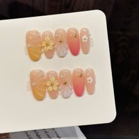 10PCS Handmade Pressed Oval Nails Art,Nice fake nail, Fresh Summer,Pink Orange Flower Gently Contrast The Stars, Idea For Women.