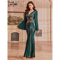 Missord Winter Church Dress V Neck Flare Sleeve Sequin Mermaid Evening Gown Wedding Birthday Party Formal Occasion Maxi Dresses