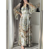 Crystal Beaded Ladies 100% Silk Maxi Dress Flower Print V-Neck High Waist Long Sleeve Elegant Female Robe