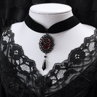 Gothic Dark Oval Lacework Stereo Carve Red Roses Flower Pendant Necklace for Women Hallowmas Party Personality Jewelry Gifts