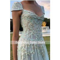 Customized Luxury Evening Dresses A-Line Square Neck Prom Dress Beadings Mint Lace Edging Floor-Length Sleeveless Evening