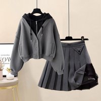 Women Two Piece Sets Skirt Set Hooded Zipper Full Sleeve Tops Short Skirts A Line Pleated High Waist Y2k Streetwear Elegant