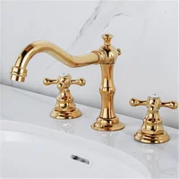 Basin Brass Gold Bathroom Antique Sink Faucet 3 Hole Double Handle Hot & Cold Wash Water Tap