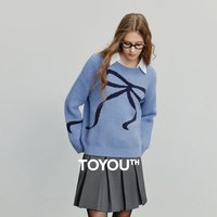 TOYOUTH Women Sweater 2025 Autumn New Fake Fur Butterfly Bowknot Jacquard Round Neck Pullover Woolen Pullover
