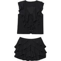 Women's Tierred Mini Skirt Set New 2026 Spring Summer V-Neck Lace-Up Tops Casual Side Zipper Skirts 2 Piece Set Female Outfit