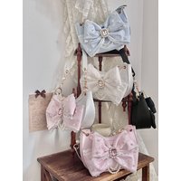 Ladies Pearl Chain Princess Handbag Original Bow Rhinestone Underarm Lolita Shoulder Bag Sweet Fashion Daily Crossbody Bag Women