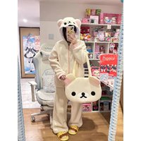 New Rilakkuma Coral Fleece Hooded Cardigan Pajamas Women Winter Warm Long Pants Loungewear Set