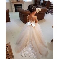 BABYONLINE Children's Elegant Flower Girl Dresses for Wedding Party Big Bow Lace Long Tulle First Communion Gowns For Girls