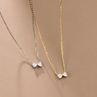 Simple Shiny Zircon Bowknot Necklace For Women Sweet Heart Clavicle Stainless Steel Chain Necklace Jewelry Accessories Gift