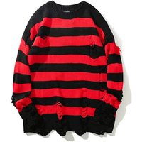 Autumn Winter Couple Stripe Sweaters Destroyed Ripped Sweater Men Pullover Hole Knitwear Women Oversized Fashion Harajuku Tops
