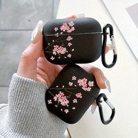 A pink cherry blossom pattern earphone case, suitable for AirPods 3/4/PRO/PRO 2/PRO 3, featuring a matte texture design