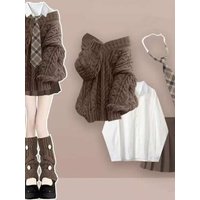 Autumn Winter Student Sweet Style V-Neck Sweater Women Shirt Tie Brown Pleated Skirt Four-Piece Set Fashionable Casual Outfit