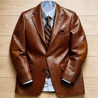 Luxury Men's Crocodile Embossed Leather Blazer Notched Lapel Elbow Patches 2 Button Slim Fit Jacket Business Casual For Wedding