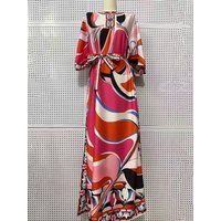 Plus Size Women's Clothing Retro Geometric Print Half Open Collar Tie Waist Pullover Dress Fashion Loose Side Slits Puff Skirt