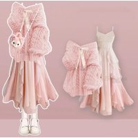 2025 Autumn/Winter New Korean Elegant In Dress Matching Set Women's Fashion Knitted Sweater+Sexy Strap Skirt Two Piece Suit