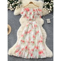 Summer French Sweet Chiffon Two Piece Set Women's One Shoulder Bubble Sleeve Shirt+Elastic Waist Big Swing Skirt Set C543