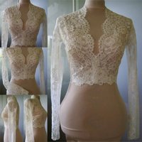 Cheap Bridal Wraps Modest Alencon Lace Crystals V Neck Sheath Bride Bolero For Weddings Long Sleeve Bridal Jacket Customized