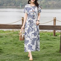 Vintage Floral Print Maxi Dress Women Boho short Sleeve Long Sashes Dress plus size Casual Dresses Robe