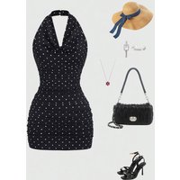 Women's Black White Polka Dot Halter Dress Cowl Neck Ruched Sleeveless Fashion Sexy Bodycon Dress Spring Summer Party Mini Dress
