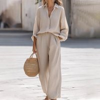 Simple Cotton Linen Women's Suits Summer Fashion Long Sleeve Loose Blouse Wide Leg Pants Two Piece Set For Women Casual Outfits