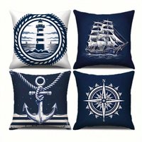 4pcs Marine anchor and sailing lighthouse printing Short plush Suitable for living rooms bedrooms sofas (excluding pillow cores)