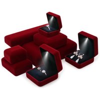 Luxuriöse LED-Schmuckschatulle aus weinrotem Samt für Eheringe, Anhänger, Ohrringe, Schmuck, Verpackungsboxen, kostenloses individuelles Logo