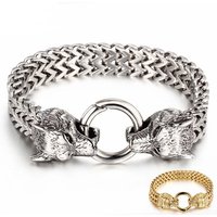 12mm Punk Gold Color Viking Double Wolf Bracelet Men Women Hiphop Stainless Steel Charm Bike Biker Mesh Chain Bangle Jewelry