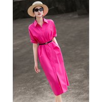 MEXCOCO 2026 New Summer Lapel Collar Cuffed Short Sleeve Metal Buckle Belt Waist Front Split Pocket Loose Midi Shirt Dress