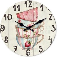 Vintage Colorful Floral Teacup Pattern Wooden Wall Clock Living Room Bedroom Kitchen Home Decor Silent Quartz Clock Holiday Gift 10-Inch 12-Inch 14inch 16inch (No Battery)