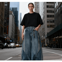 Women Wide Leg Jeans Vintage Y2K Reconstruction Custom Distressed Wash Stripe Denim Pants Trendy Comfort Fit