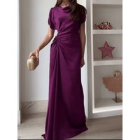 Women Fashion Hight Waist Solid Long Dress 2025 Summer Casual Draped Slim Party Dress Elegant O-neck Short Sleeve Evening Dress