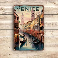 Vintage Venice Italy Landscape Metal Tin Sign - Rustic Wall Art with Gondolas & Historic Buildings, Perfect for Home, Bar, Cafe