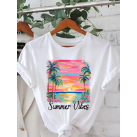 Women' Light Beige Tropical Beach T-Shirt - Short Sleeve Round Neck Summer Top with Palm Tree & Summer Vibes for Spring Summer