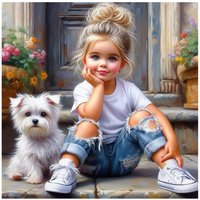 1pc 40X40CM/15.74inch The little girl and the puppy in front of the door cross stitch Kit DIY kit 11CT/14CT for gift