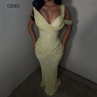 OIMG Shiny Elegant Mermaid Prom Gowns Yellow One Shoulder Party Gown Floor Length Evening Dress فساتين سهرة Customized