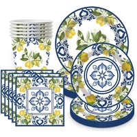 Mediterranean Lemon Blue Tile Paper Plates Cups Napkins Summer Wedding Birthday Decor Lemon Party Supplies Floral Tableware Set